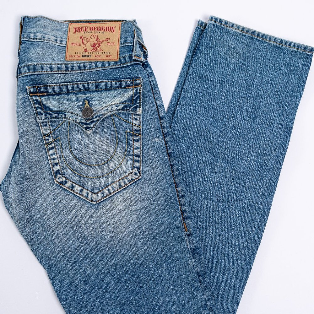 Men's True Religion Ricky Blue Denim Straight Jeans 29Wx32L